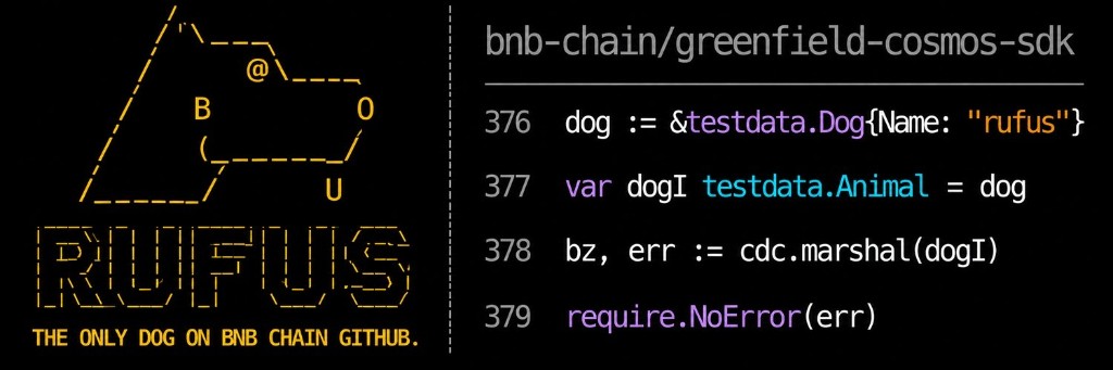 Rufus ASCII dog beside the BNB Chain GitHub code naming rufus